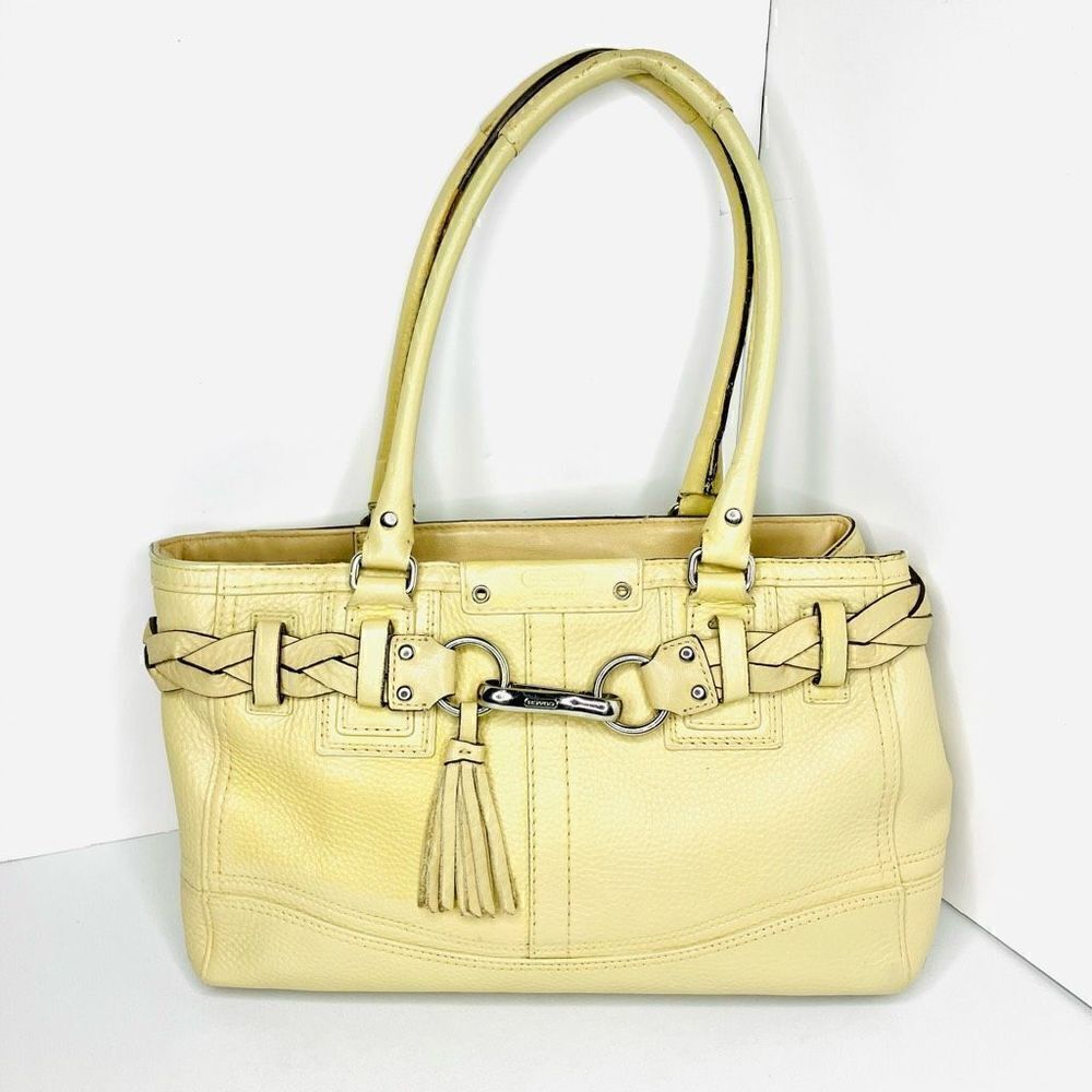 Coach F13084 Hampton Leather Braided Satchel Handbag Bag, Beige Cream